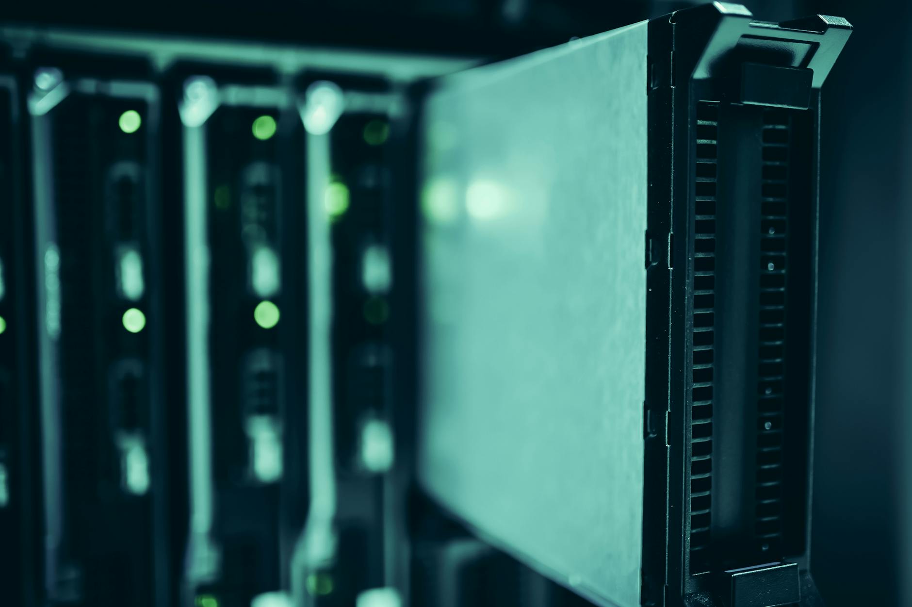 Server rack with glowing indicators, representing high-performance cloud hosting in UpCloud Review 2026: MaxIOPS vs NVMe.